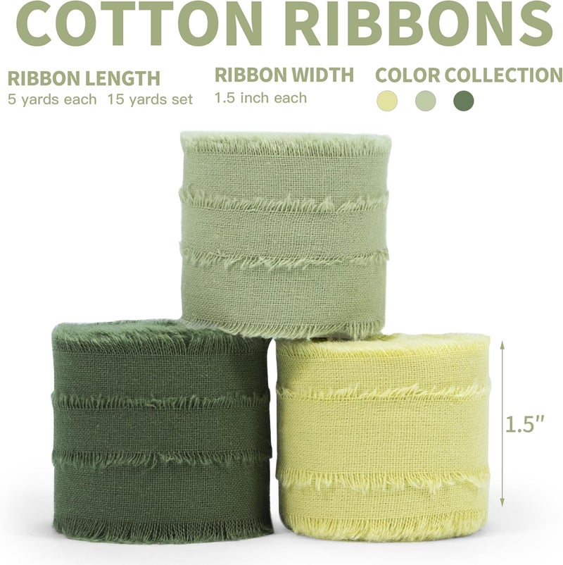 Keypan Spring Green Ribbon 1-1/2 Inch x 15 Yards Handmade Cotton Frayed Fringe Fabric Ribbons for Crafts Flower Bouquets Wedding Christmas Tree Home DIY Decor - Image 2